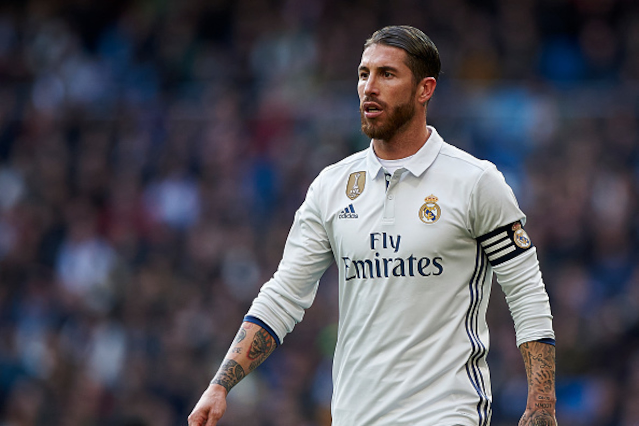 MADRID, SPAIN - JANUARY 21:  Sergio Ramos of Real Madrid reacts during the La Liga match between Real Madrid CF and Malaga CF at Estadio Santiago Bernabeu on January 21, 2017 in Madrid, Spain.  (Photo by fotopress/Getty Images)