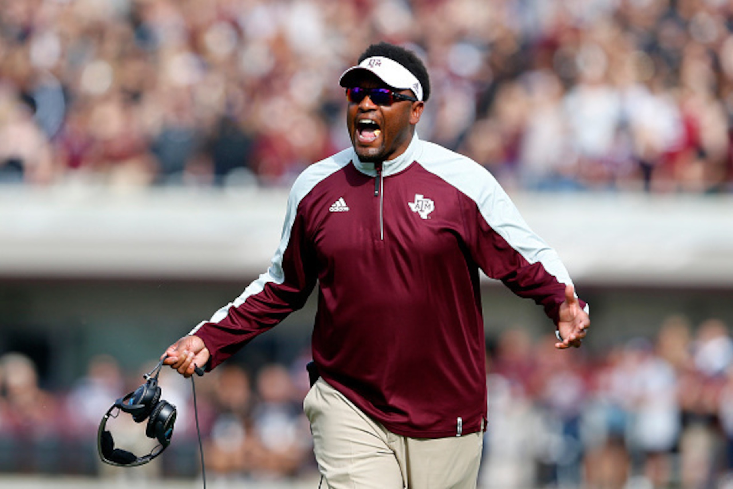 STARKVILLE, MS - NOVEMBER 5: Head coach Kevin Sumlin of the Texas A&M Aggies reacts to a call during the first half of an NCAA college football game against the Mississippi State Bulldogs at Davis Wade Stadium on November 5, 2016 in Starkville, Mississipp