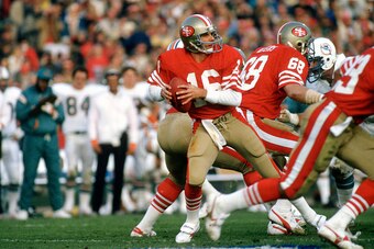 PALO ALTO, CA - JANUARY 20:  Joe Montana #16 of the San Francisco 49ers drops back to pass against the Miami Dolphins during Super Bowl XIX  on January 20, 1985 at Stanford Stadium in Palo Alto, California. The 49ers  won the Super Bowl 38-16. (Photo by F