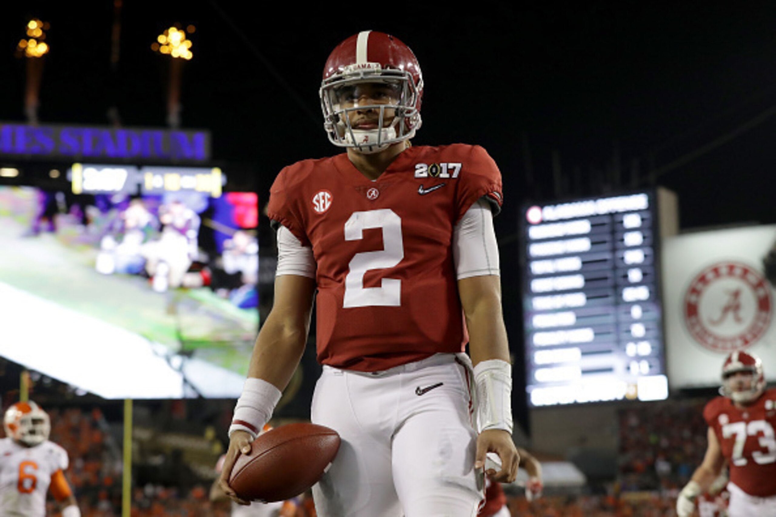 TAMPA, FL - JANUARY 09:  Quarterback Jalen Hurts #2 of the Alabama Crimson Tide celebrates rushing for a 30-yard touchdown during the fourth quarter against the Clemson Tigers in the 2017 College Football Playoff National Championship Game at Raymond Jame