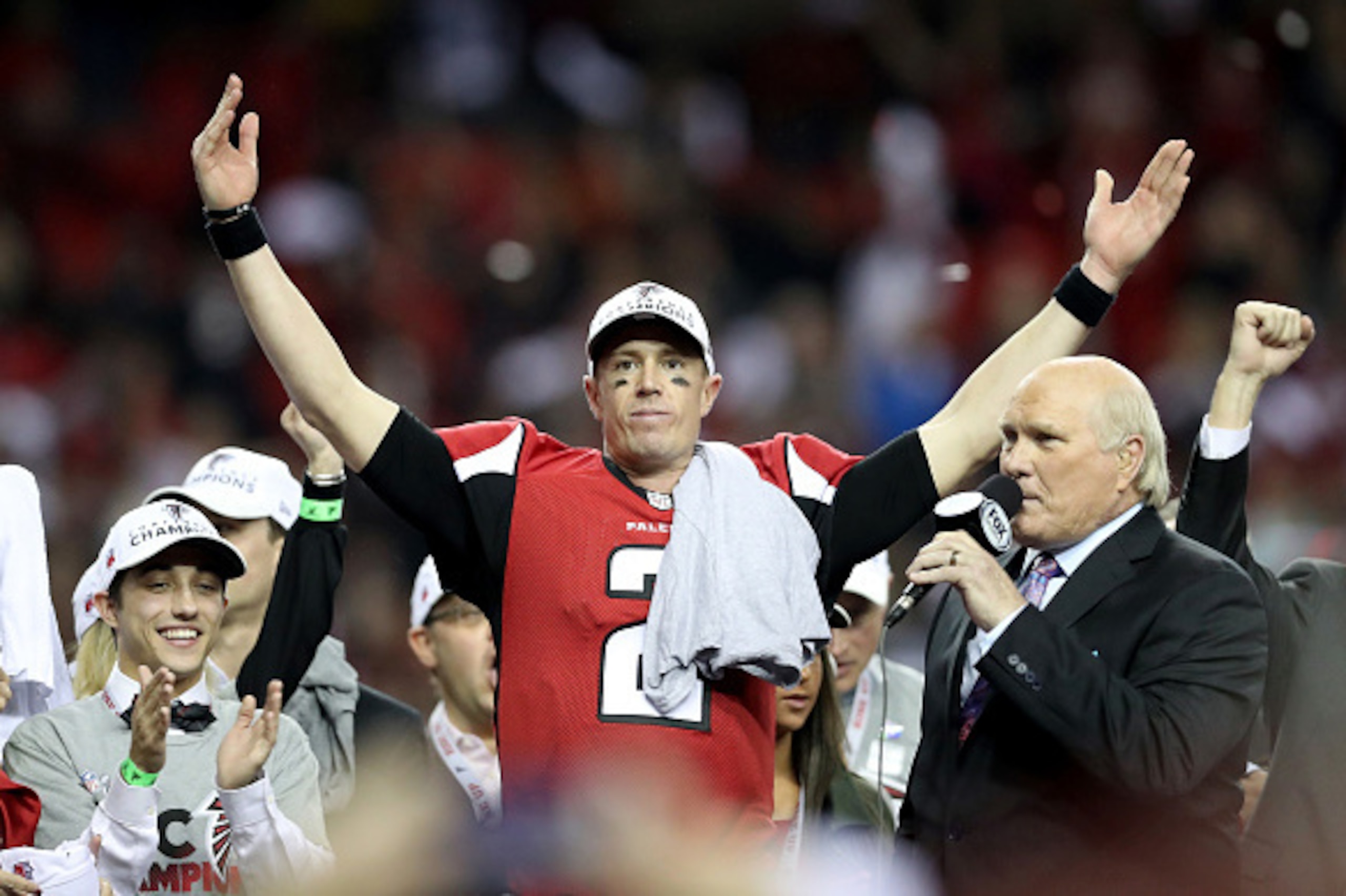 ATLANTA, GA - JANUARY 22: Matt Ryan #2 of the Atlanta Falcons celebrates after defeating the Green Bay Packers in the NFC Championship Game at the Georgia Dome on January 22, 2017 in Atlanta, Georgia. The Falcons defeated the Packers 44-21. (Photo by Rob 