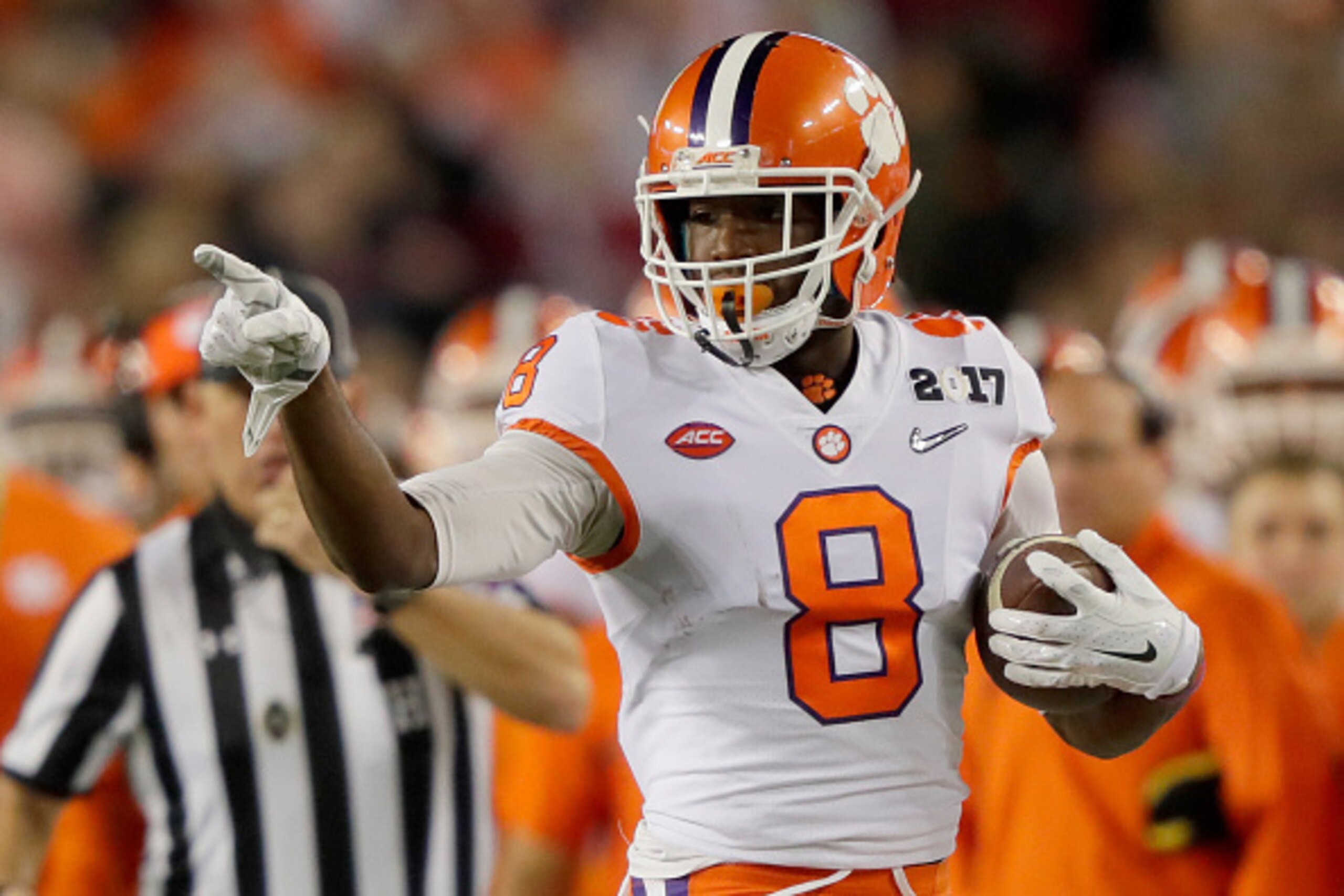 TAMPA, FL - JANUARY 09:  Wide receiver Deon Cain #8 of the Clemson Tigers reacts during the second quarter against the Alabama Crimson Tide in the 2017 College Football Playoff National Championship Game at Raymond James Stadium on January 9, 2017 in Tamp