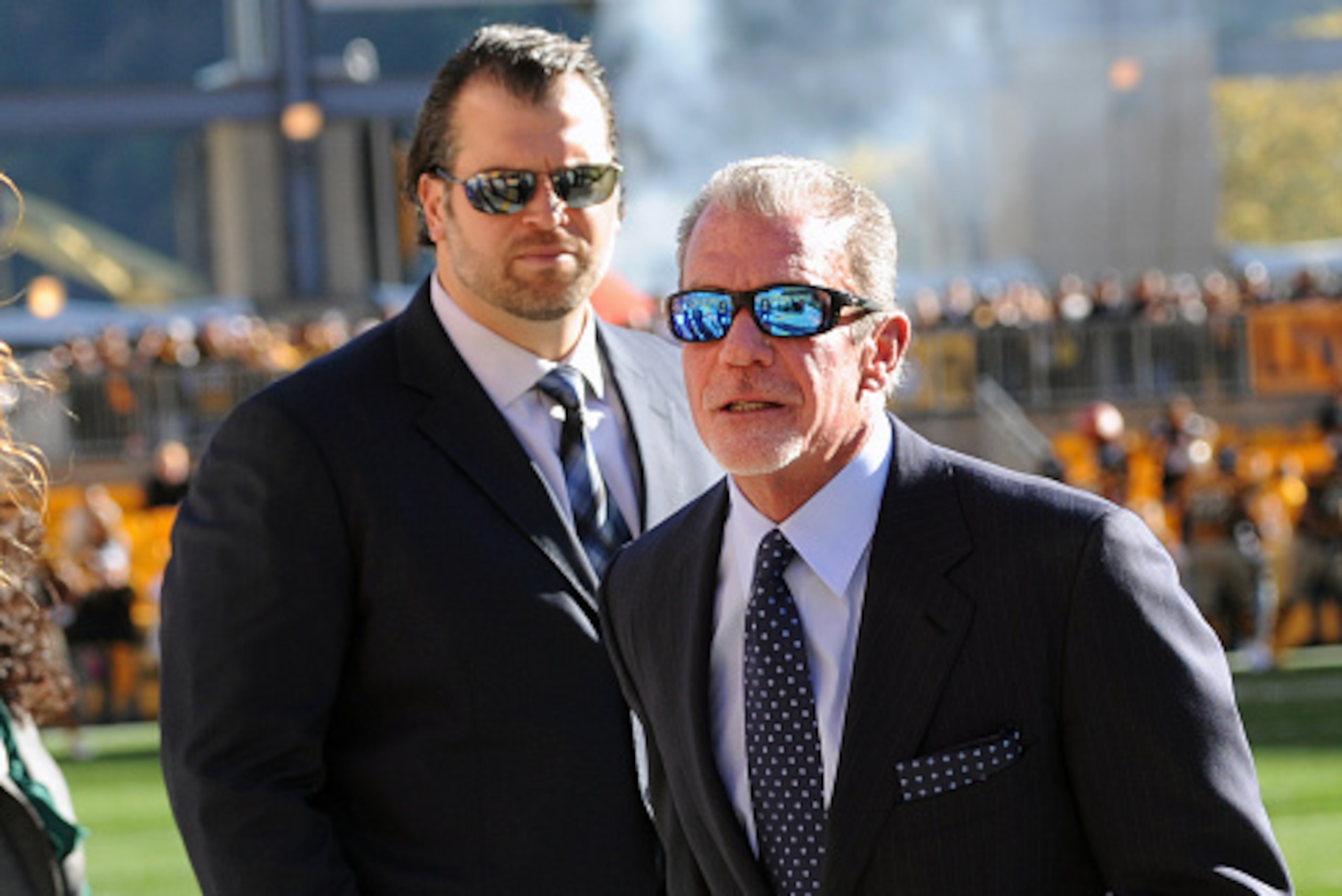 PITTSBURGH, PA - OCTOBER 26:  Team owner Jim Irsay (R) of the Indianapolis Colts looks on from the sideline with general manager Ryan Grigson before a game against the Pittsburgh Steelers at Heinz Field on October 26, 2014 in Pittsburgh, Pennsylvania.  Th