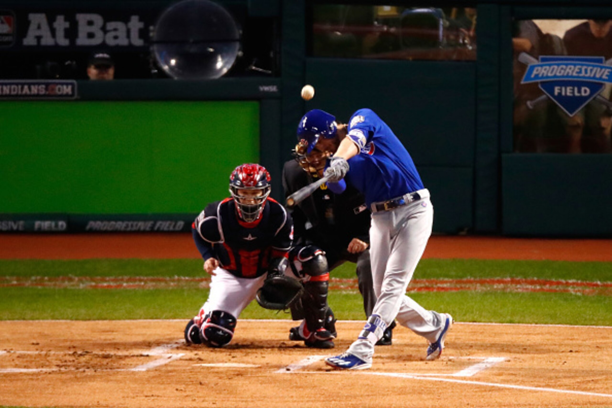 CLEVELAND, OH - NOVEMBER 01:  Kris Bryant #17 of the Chicago Cubs hits a solo home run during the first inning against Josh Tomlin #43 of the Cleveland Indians in Game Six of the 2016 World Series at Progressive Field on November 1, 2016 in Cleveland, Ohi