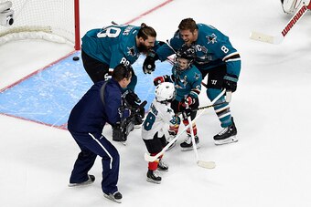 NASHVILLE, TN - JANUARY 30:  Brent Burns #88 of the San Jose Sharks and Joe Pavelski #8 of the San Jose Sharks skate with their sons Jagger Burns and Nathan Pavelski in the Honda NHL Breakaway Challenge during the 2016 Honda NHL All-Star Skill Competition