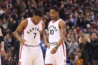 TORONTO, ON - JANUARY 05: DeMar DeRozan #10 of the Toronto Raptors and Kyle Lowry #7 during their game against the Utah Jazz during NBA game action at Air Canada Centre on January 5, 2017 in Toronto, Canada. NOTE TO USER: User expressly acknowledges and a