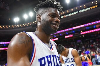 PHILADELPHIA,PA - JANUARY 24: Nerlens Noel #4 of the Philadelphia 76ers smiles after the big win against the Los Angeles Clippers at Wells Fargo Center on January 24, 2017 in Philadelphia, Pennsylvania NOTE TO USER: User expressly acknowledges and agrees 