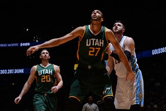 DENVER, CO - JANUARY 24:  Rudy Gobert #27 of the Utah Jazz boxes out during the game against the Denver Nuggets on January 24, 2017 at the Pepsi Center in Denver, Colorado. NOTE TO USER: User expressly acknowledges and agrees that, by downloading and/or u