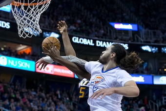 Jan 23, 2017; Salt Lake City, UT, USA; Oklahoma City Thunder center Steven Adams (12) defends against the shot of Utah Jazz forward Derrick Favors (15) during the second half at Vivint Smart Home Arena. Oklahoma City won 97-95. Mandatory Credit: Russ Isab