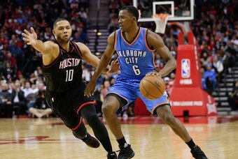 Jan 5, 2017; Houston, TX, USA; Oklahoma City Thunder guard Semaj Christon (6) dribbles against Houston Rockets guard Eric Gordon (10) in the second half at Toyota Center. Houston Rockets won 118 to 116. Mandatory Credit: Thomas B. Shea-USA TODAY Sports