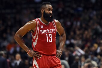 MILWAUKEE, WI - JANUARY 23:  James Harden #13 of the Houston Rockets watches action during a game against the Milwaukee Bucks at BMO Harris Bradley Center on January 23, 2017 in Milwaukee, Wisconsin.  NOTE TO USER: User expressly acknowledges and agrees t