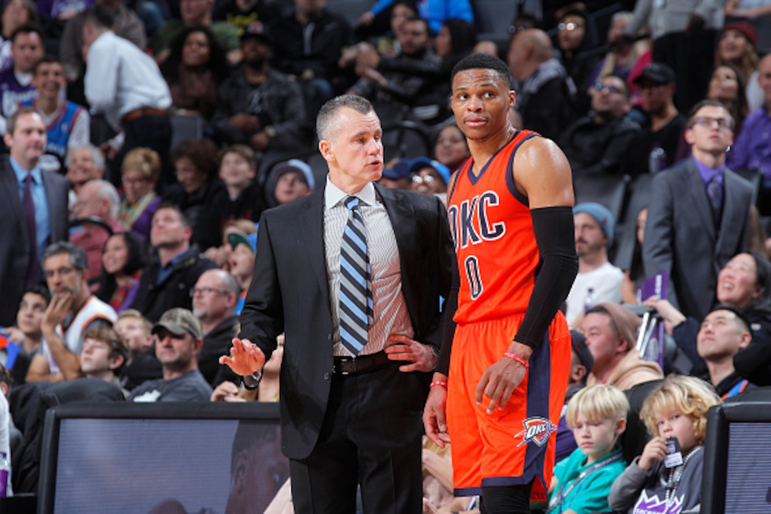 SACRAMENTO, CA - JANUARY 15: Head Coach Billy Donovan of the Oklahoma City Thunder coaches Russell Westbrook #0 against the Sacramento Kings on January 15, 2017 at Golden 1 Center in Sacramento, California. NOTE TO USER: User expressly acknowledges and ag SACRAMENTO, CA - JANUARY 15: Head Coach Billy Donovan of the Oklahoma City Thunder coaches Russell Westbrook #0 against the Sacramento Kings on January 15, 2017 at Golden 1 Center in Sacramento, California. NOTE TO USER: User expressly acknowledges and ag