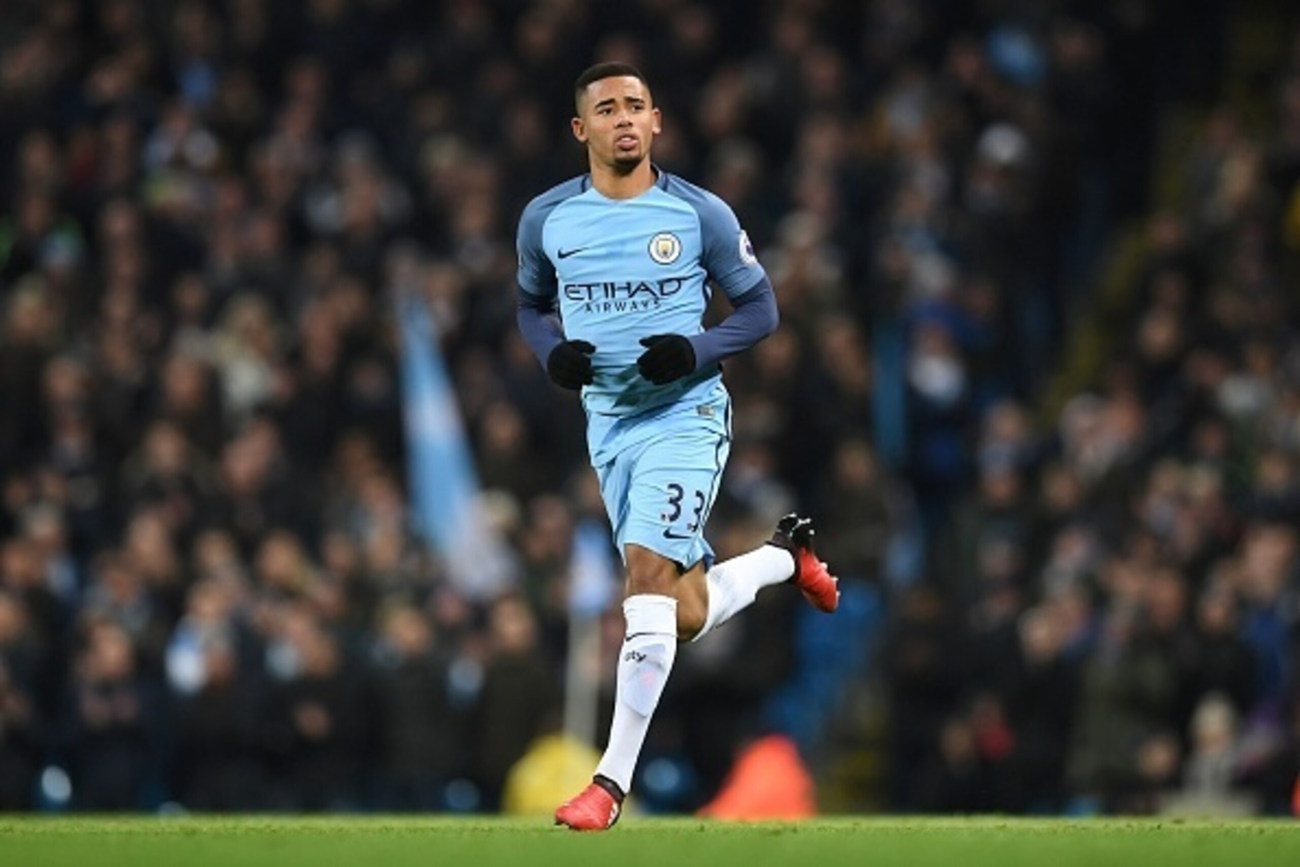 Manchester City's Brazilian striker Gabriel Jesus comes on to make his debut during the English Premier League football match between Manchester City and Tottenham Hotspur at the Etihad Stadium in Manchester, north west England, on January 21, 2017. / AFP