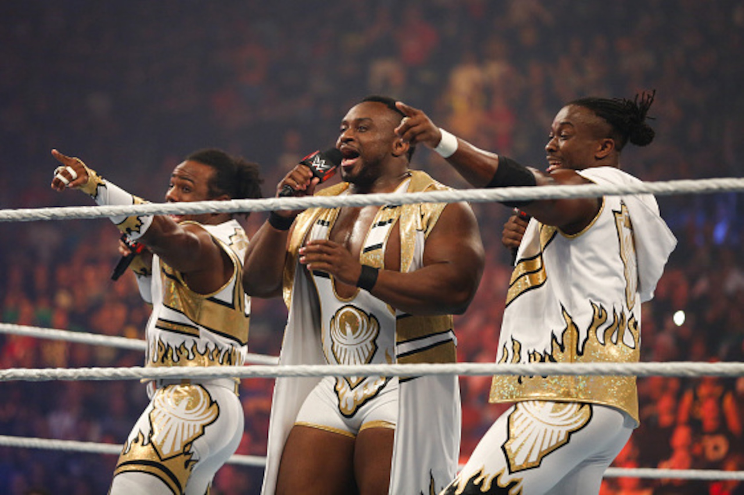 NEW YORK, NY - AUGUST 23:  New Day enter the ring at the WWE SummerSlam 2015  at Barclays Center of Brooklyn on August 23, 2015 in New York City.  (Photo by JP Yim/Getty Images)