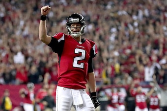 ATLANTA, GA - JANUARY 22:  Matt Ryan #2 of the Atlanta Falcons reacts after a touchdown in the fourth quarter against the Green Bay Packers in the NFC Championship Game at the Georgia Dome on January 22, 2017 in Atlanta, Georgia.  (Photo by Tom Pennington
