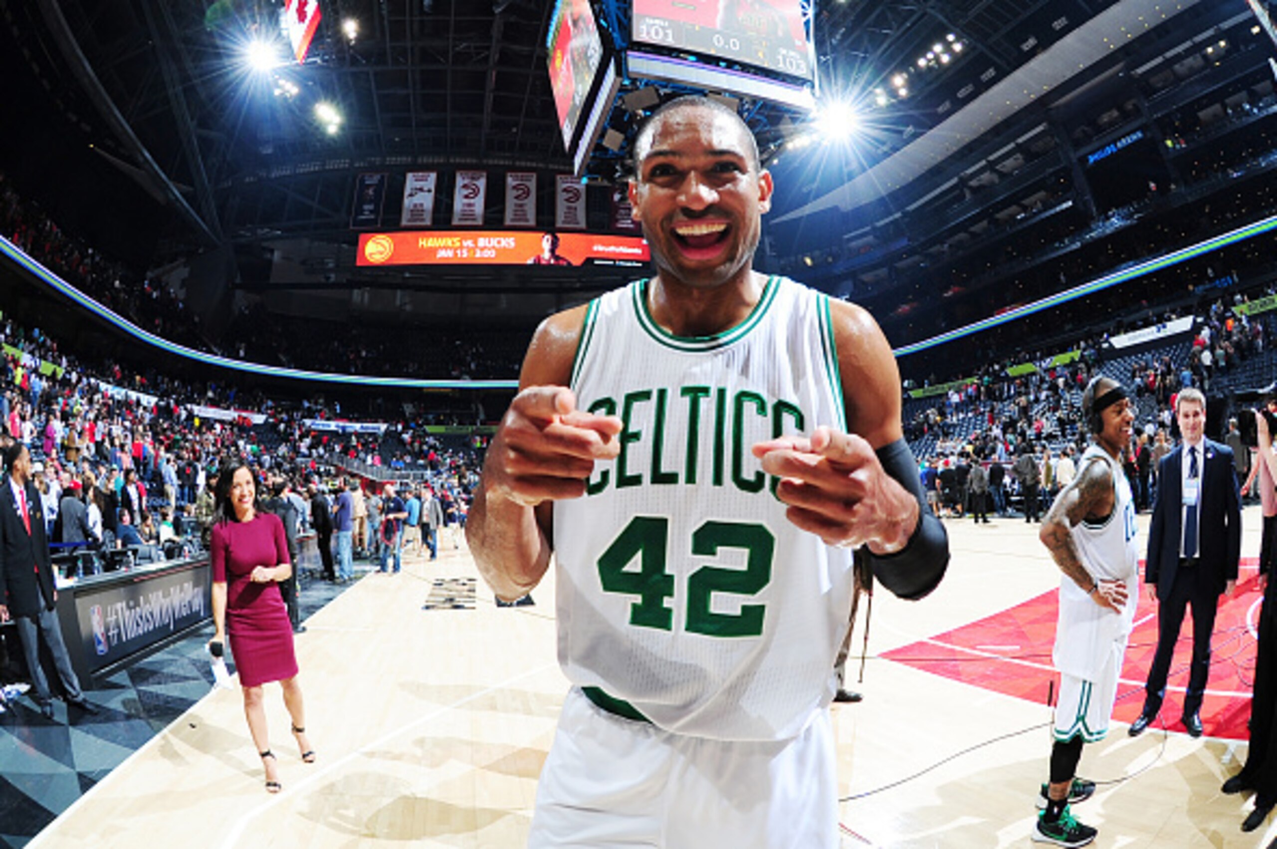 ATLANTA, GA - JANUARY 13:  Al Horford #42 of the Boston Celtics celebrates a win after the game against the Atlanta Hawks on January 13, 2017 at Philips Arena in Atlanta, Georgia.  NOTE TO USER: User expressly acknowledges and agrees that, by downloading 