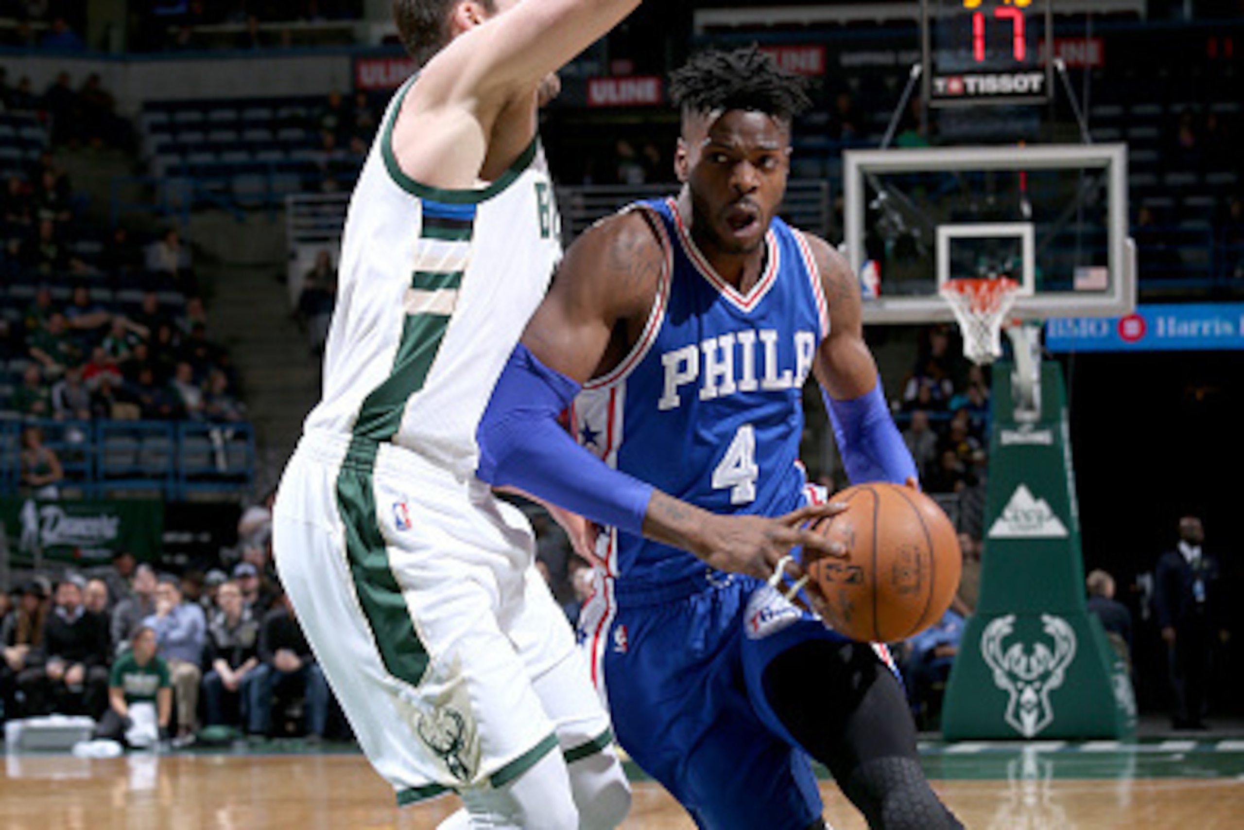 Milwaukee, WI - JANUARY 25:  Nerlens Noel #4 of the Philadelphia 76ers goes to the basket against the Milwaukee Bucks on January 25, 2017 at the BMO Harris Bradley Center in Milwaukee, Wisconsin. NOTE TO USER: User expressly acknowledges and agrees that, 