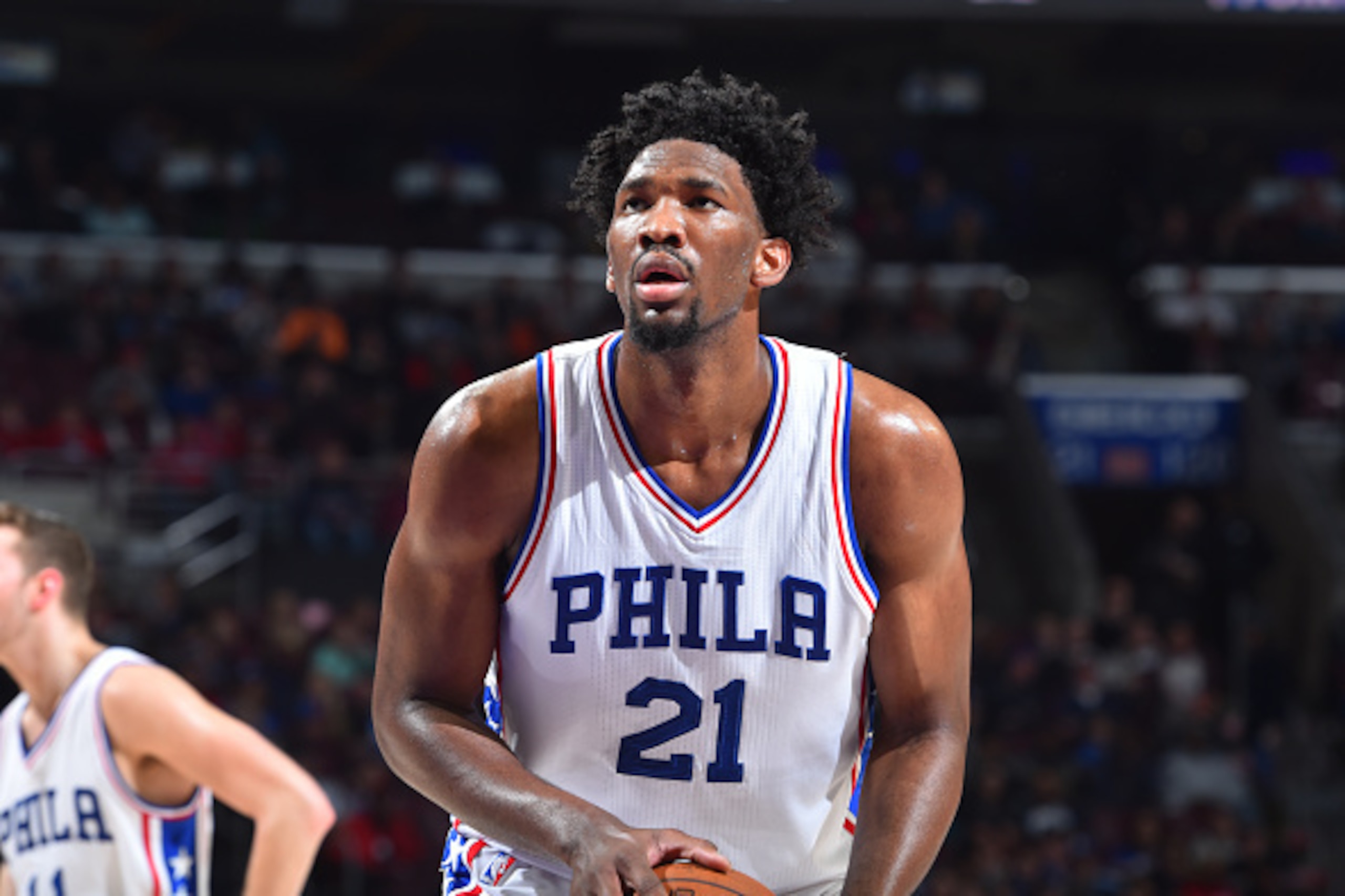 PHILADELPHIA, PA - JANUARY 20: Joel Embiid #21 of the Philadelphia 76ers shoots a free throw during a game against the Portland Trail Blazers on January 20, 2017 at the Wells Fargo Center in Philadelphia, Pennsylvania. NOTE TO USER: User expressly acknow PHILADELPHIA, PA - JANUARY 20: Joel Embiid #21 of the Philadelphia 76ers shoots a free throw during a game against the Portland Trail Blazers on January 20, 2017 at the Wells Fargo Center in Philadelphia, Pennsylvania. NOTE TO USER: User expressly acknow