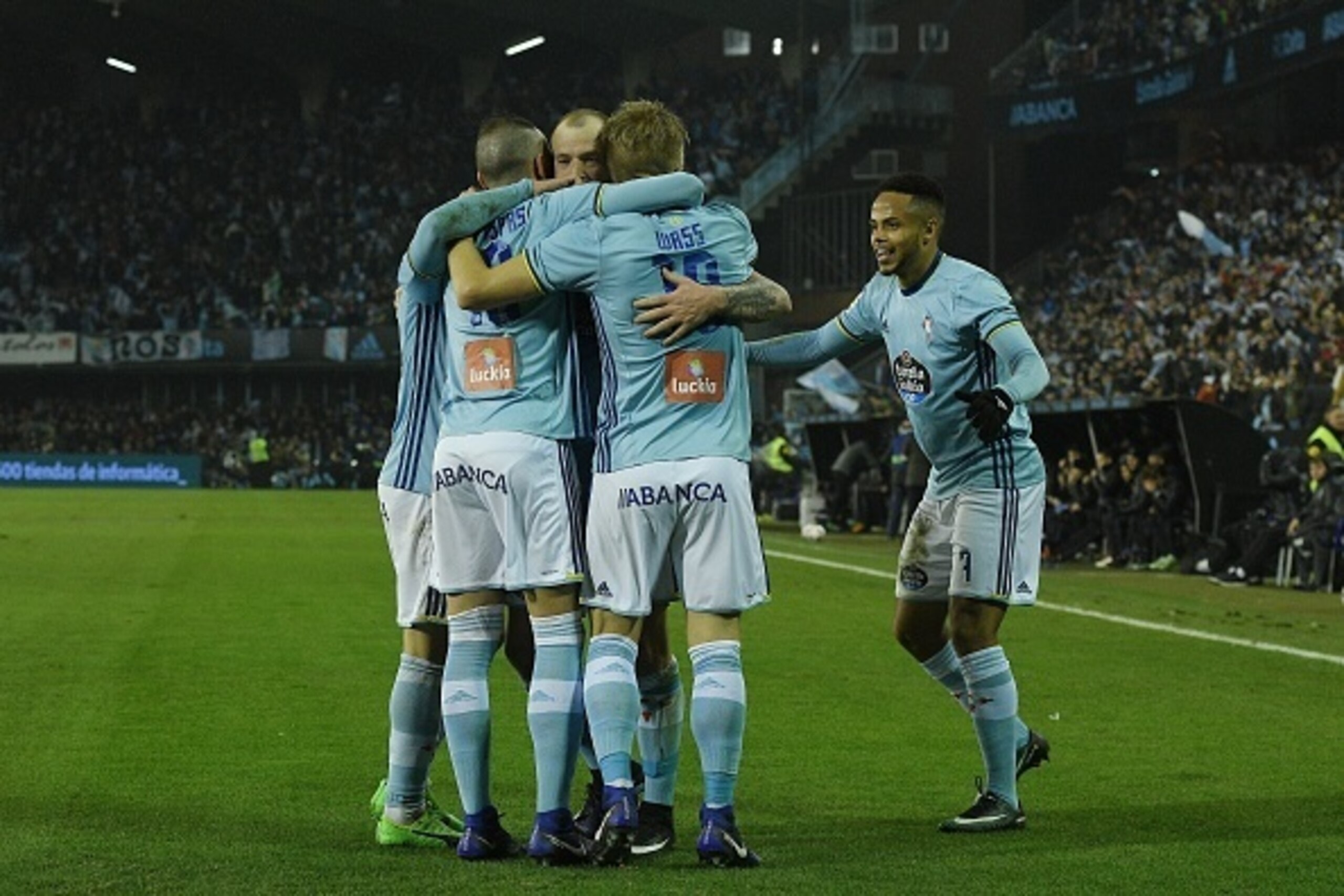 VIGO, SPAIN - JANUARY 25: John Guidetti of Celta de Vigo celebrates with teammates after scores a goal during the Copa del Rey quarter-final second leg match between Real Club Celta de Vigo and Real Madrid Club de Futbol at Municipal de Balaidos stadium o