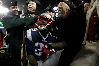 FOXBORO, MA - JANUARY 22:  LeGarrette Blount #29 of the New England Patriots celebrates after scoring a touchdown during the third quarter against the Pittsburgh Steelers in the AFC Championship Game at Gillette Stadium on January 22, 2017 in Foxboro, Mas
