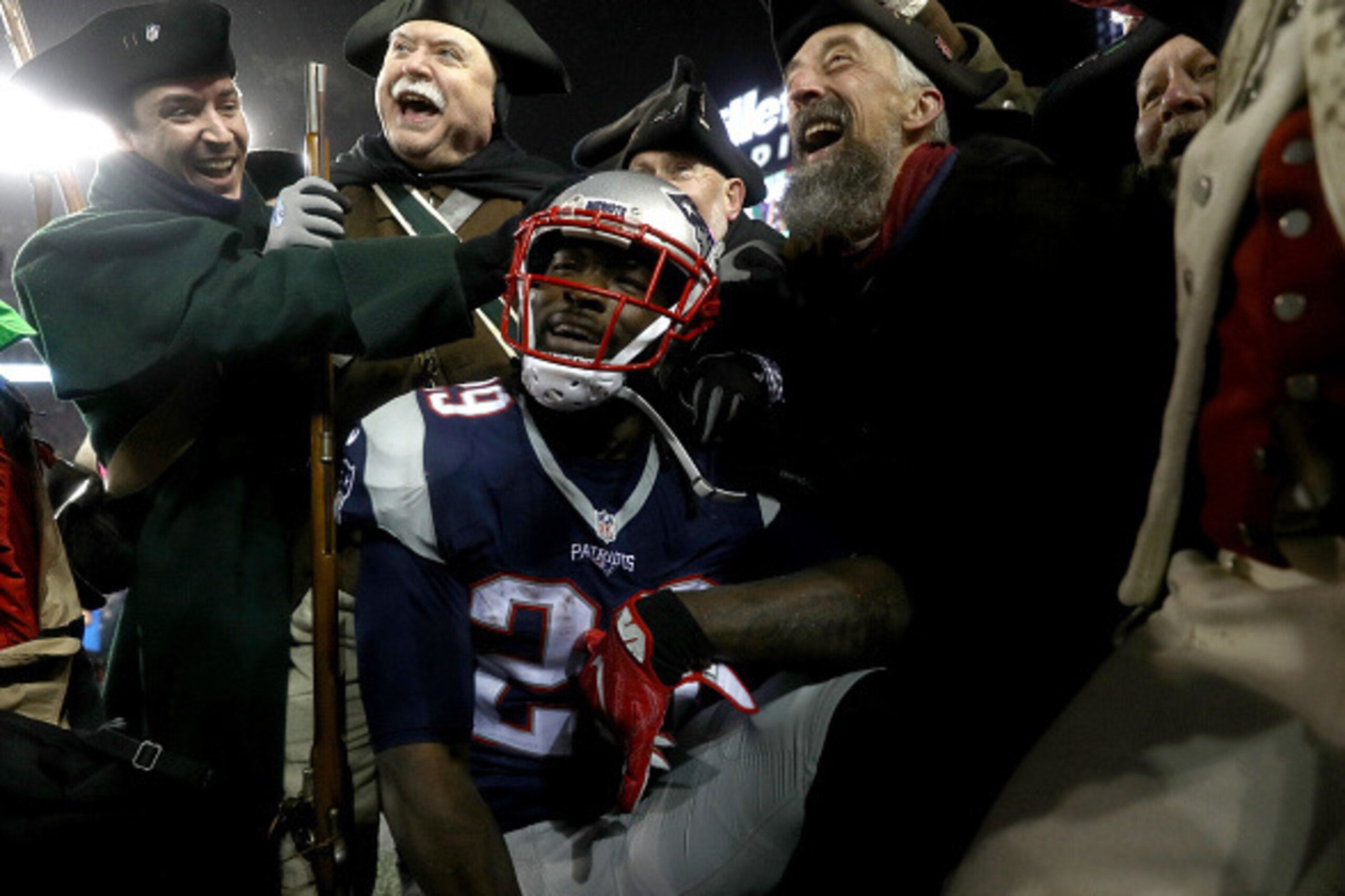 FOXBORO, MA - JANUARY 22:  LeGarrette Blount #29 of the New England Patriots celebrates after scoring a touchdown during the third quarter against the Pittsburgh Steelers in the AFC Championship Game at Gillette Stadium on January 22, 2017 in Foxboro, Mas