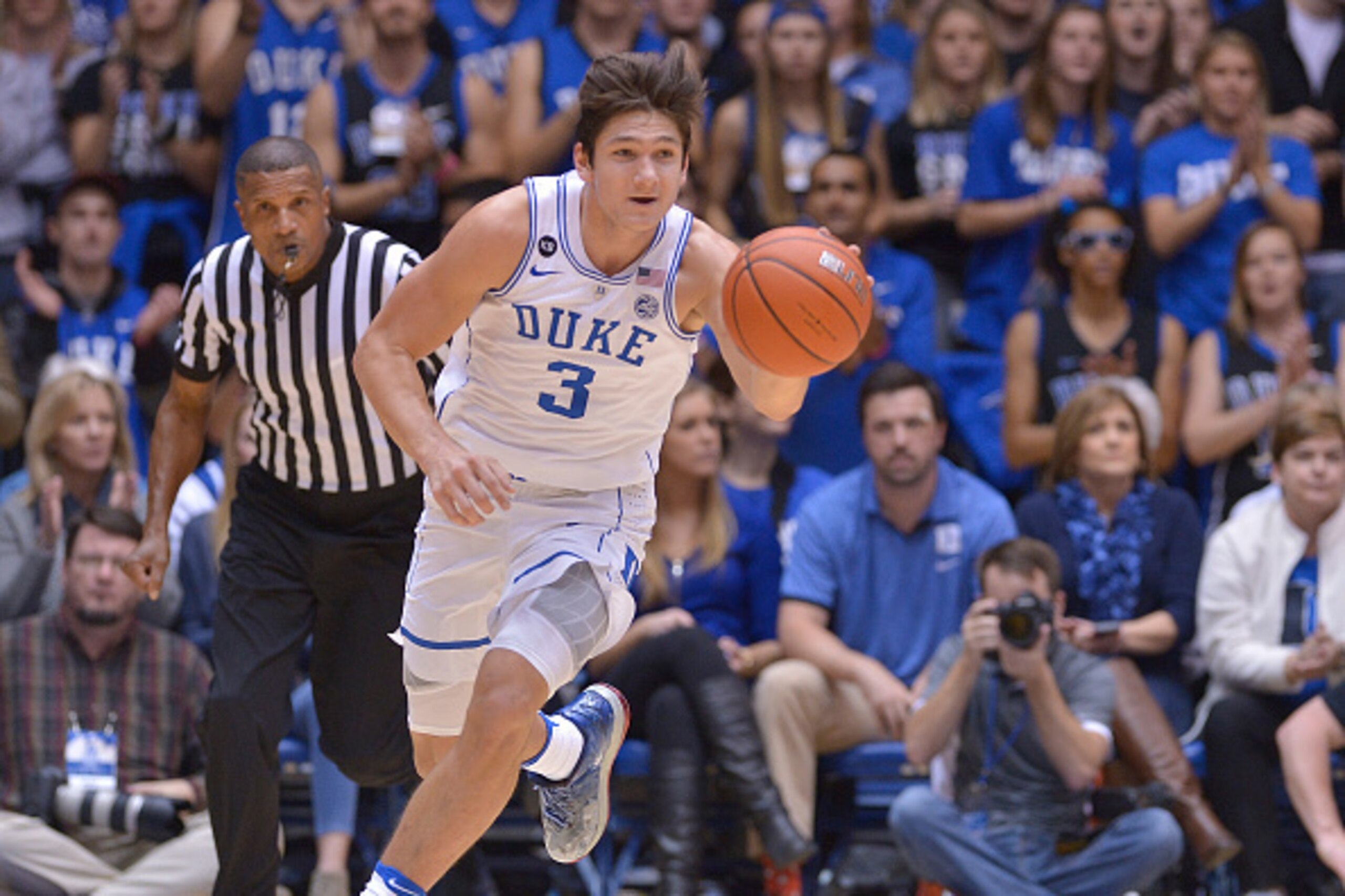 DURHAM, NC - JANUARY 04:  Grayson Allen #3 of the Duke Blue Devils moves the ball against the Georgia Tech Yellow Jackets during the game at Cameron Indoor Stadium on January 4, 2017 in Durham, North Carolina. Duke won 110-57.  (Photo by Grant Halverson/G