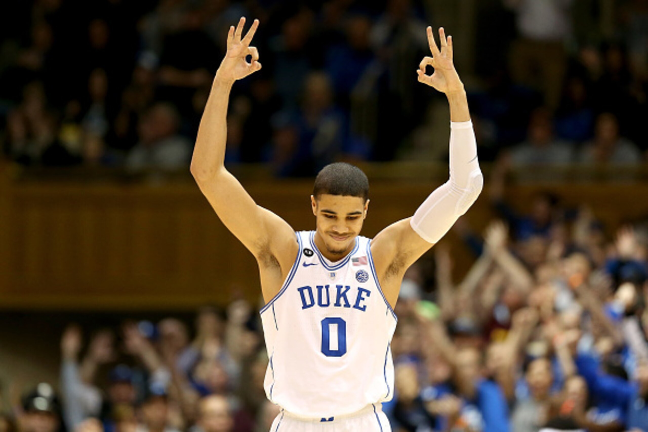 DURHAM, NC - DECEMBER 19:  Jayson Tatum #0 of the Duke Blue Devils reacts after a shot against the Tennessee State Tigers during their game at Cameron Indoor Stadium on December 19, 2016 in Durham, North Carolina.  (Photo by Streeter Lecka/Getty Images)