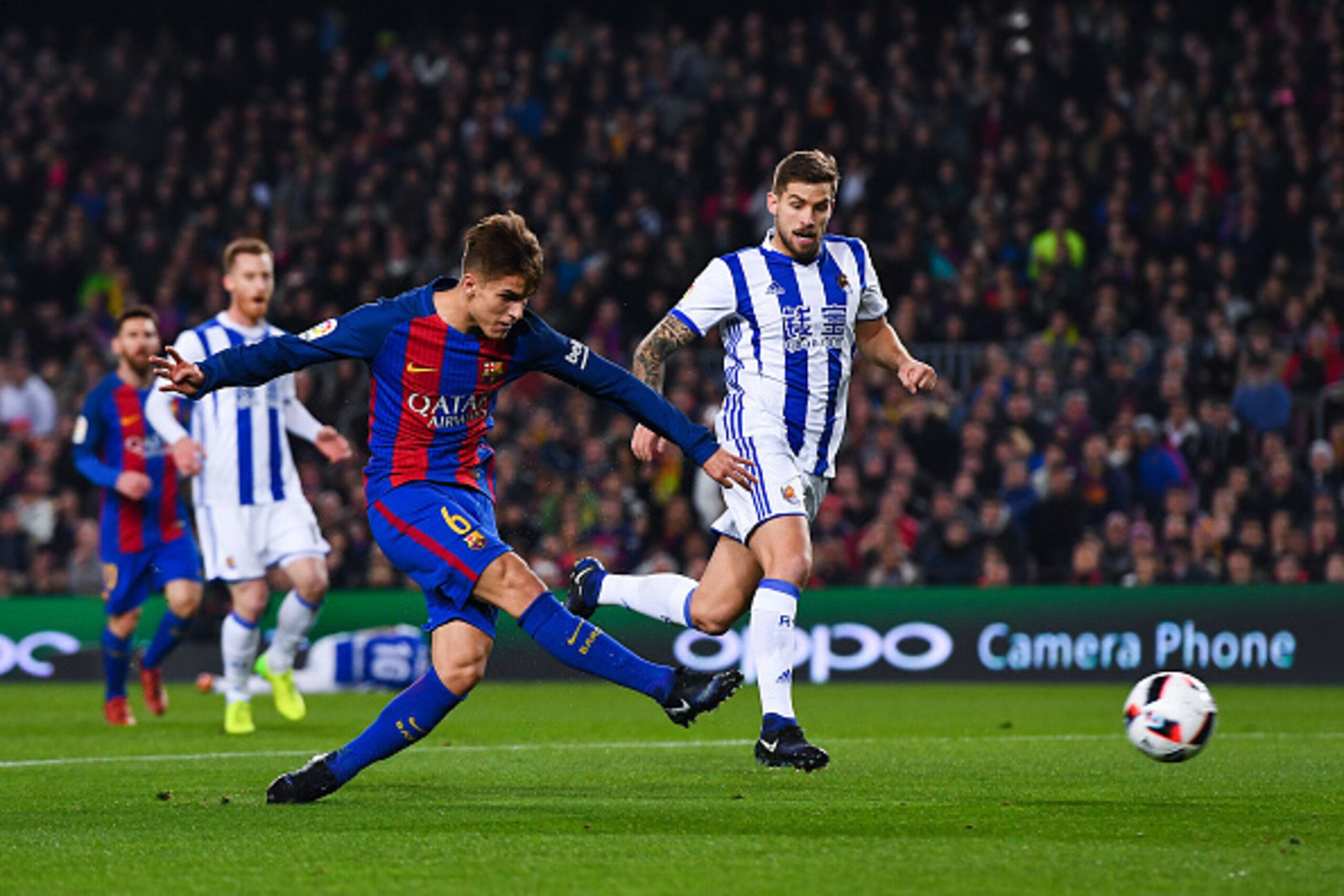 BARCELONA, SPAIN - JANUARY 26: Denis Suarez of FC Barcelona scores the opening goa during the Copa del Rey quarter-final second leg match between FC Barcelona and Real Sociedad at Camp Nou on January 26, 2017 in Barcelona, Spain.  (Photo by David Ramos/Ge