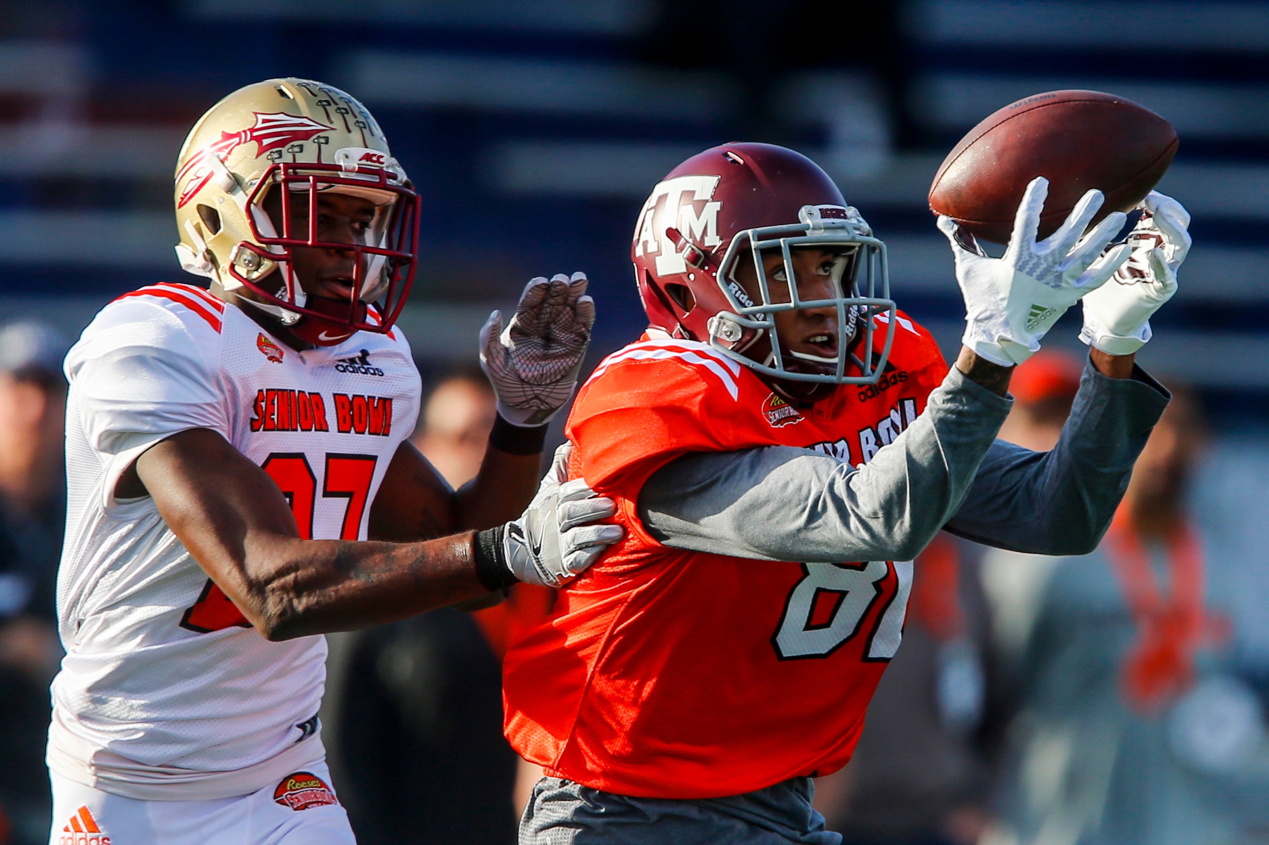 Josh Reynolds makes a catch in front of Florida State defensive back Marquez White.