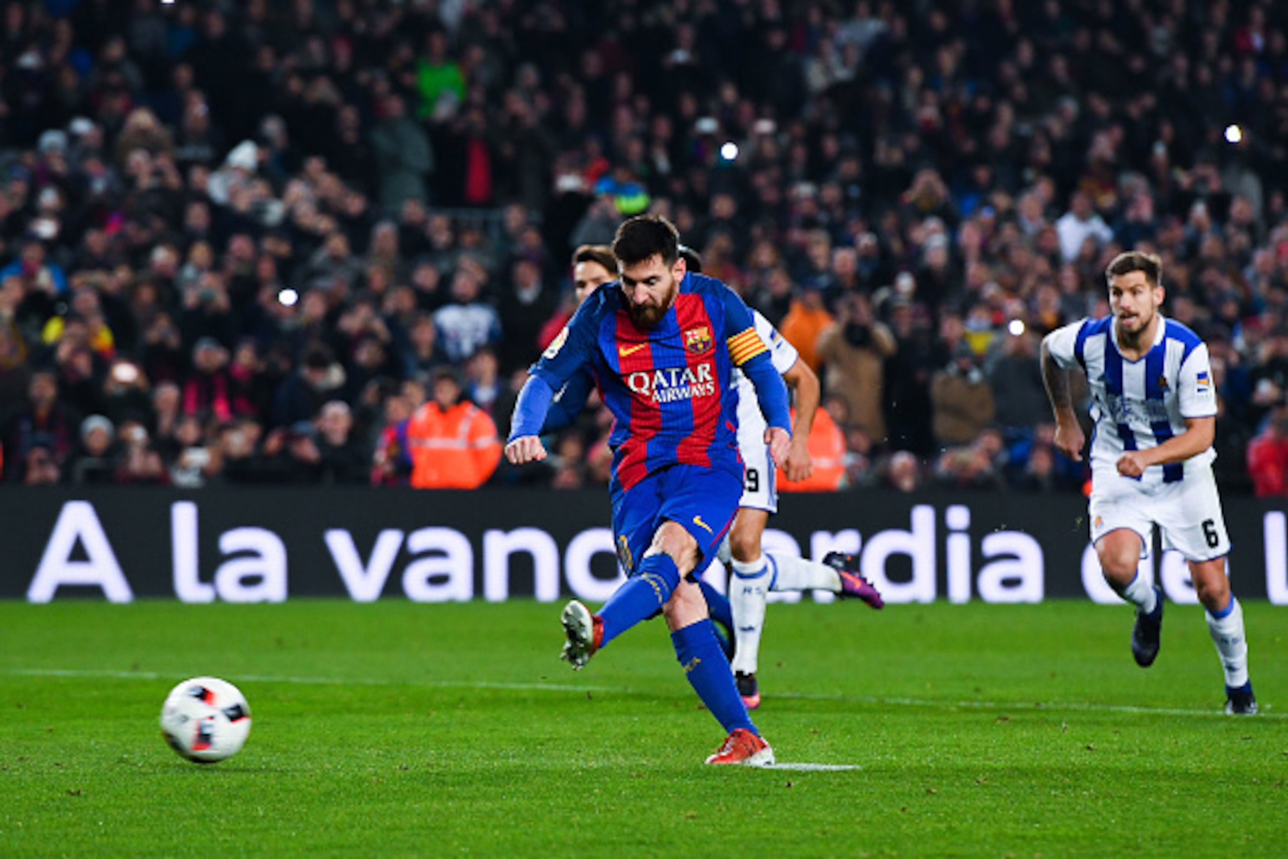 BARCELONA, SPAIN - JANUARY 26: Lionel Messi of FC Barcelona scores from the penalty spot his team's second goal during the Copa del Rey quarter-final second leg match between FC Barcelona and Real Sociedad at Camp Nou on January 26, 2017 in Barcelona, Spa