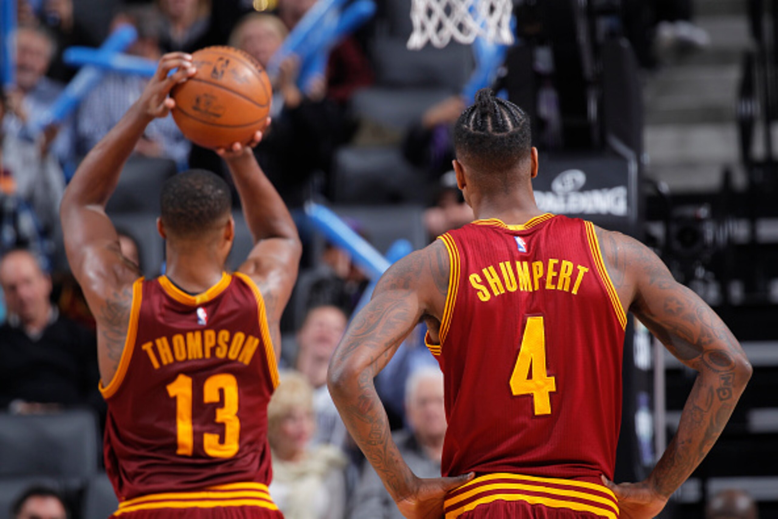 SACRAMENTO, CA - JANUARY 13: Iman Shumpert #4 of the Cleveland Cavaliers looks on as teammate Tristan Thompson #13 attempts a free-throw shot against the Sacramento Kings on January 13, 2017 at Golden 1 Center in Sacramento, California. NOTE TO USER: User