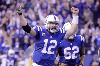 INDIANAPOLIS, IN - JANUARY 01:  Andrew Luck #12  of the Indianapolis Colts celebrates after throwing the game winning touchdown durling the game against the Jacksonville Jaguars at Lucas Oil Stadium on January 1, 2017 in Indianapolis, Indiana.  (Photo by 