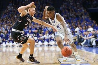 LEXINGTON, KY - JANUARY 21:  Malik Monk #5 of the Kentucky Wildcats drives to the basket past Hassani Gravett #2 of the South Carolina Gamecocks during the first half at Rupp Arena on January 21, 2017 in Lexington, Kentucky.  (Photo by Michael Reaves/Gett