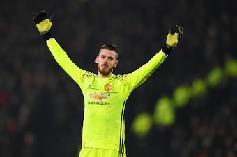 HULL, ENGLAND - JANUARY 26:  David De Gea of Manchester United reacts during the EFL Cup Semi-Final second leg match between Hull City and Manchester United at KCOM Stadium on January 26, 2017 in Hull, England.  (Photo by Gareth Copley/Getty Images)