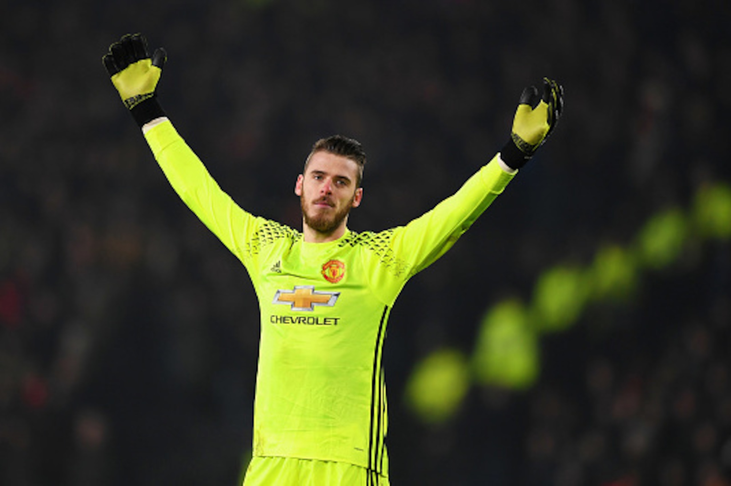 HULL, ENGLAND - JANUARY 26:  David De Gea of Manchester United reacts during the EFL Cup Semi-Final second leg match between Hull City and Manchester United at KCOM Stadium on January 26, 2017 in Hull, England.  (Photo by Gareth Copley/Getty Images)