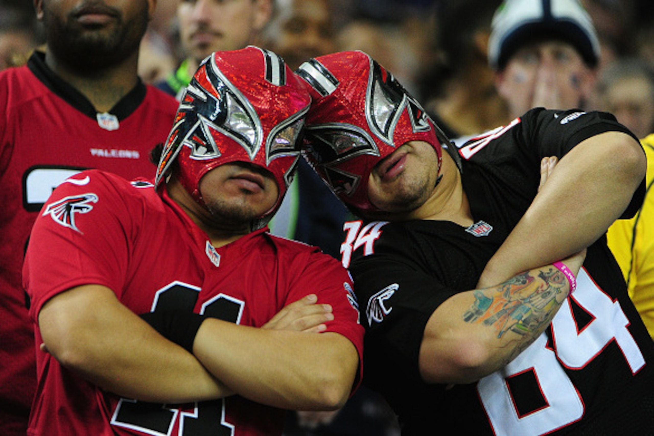 ATLANTA, GA - JANUARY 14: Atlanta Falcons fans look on during the game against the Seattle Seahawks at the Georgia Dome on January 14, 2017 in Atlanta, Georgia.  (Photo by Scott Cunningham/Getty Images)