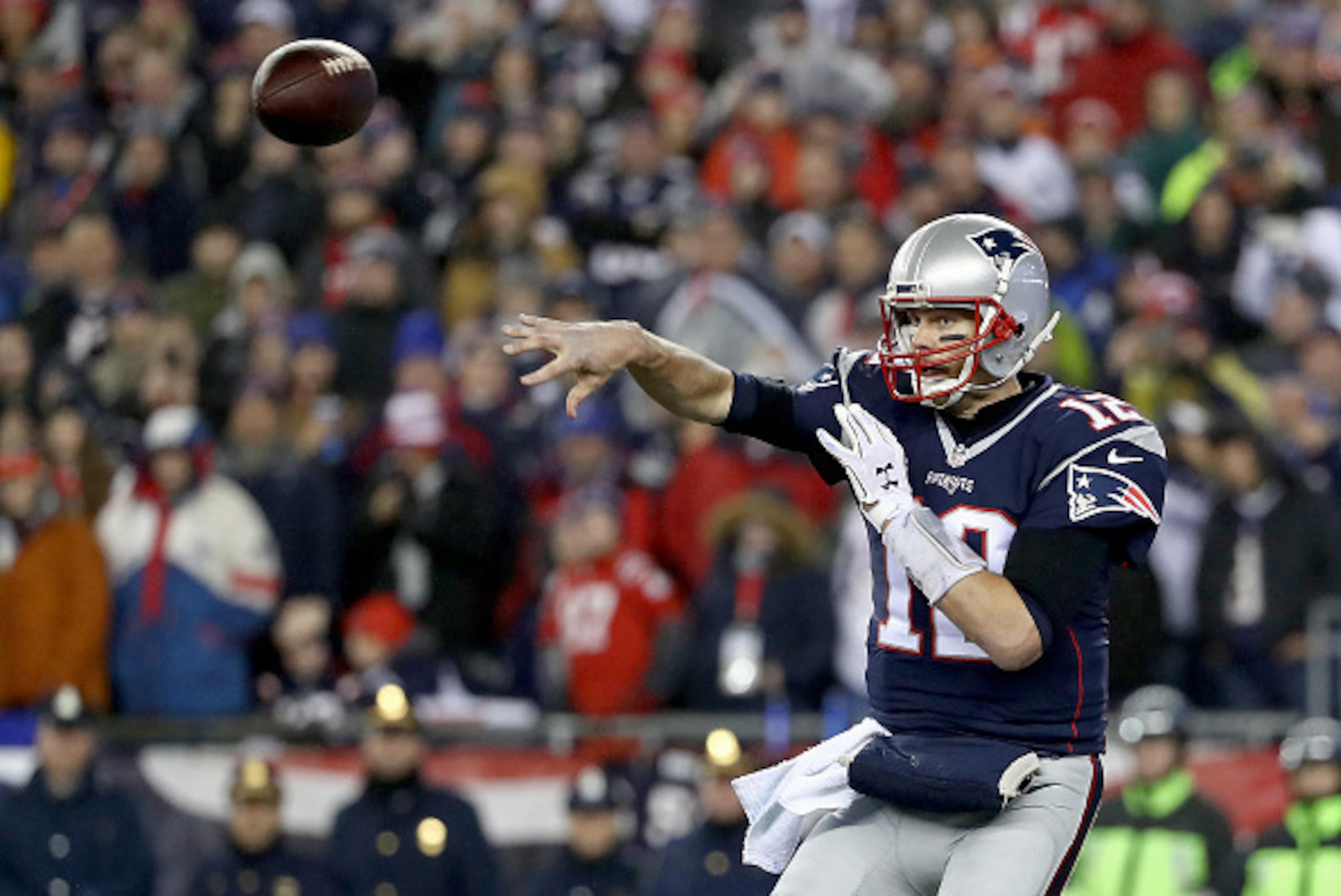 FOXBORO, MA - JANUARY 22: Tom Brady #12 of the New England Patriots attempts a pass against the Pittsburgh Steelers during the third quarter in the AFC Championship Game at Gillette Stadium on January 22, 2017 in Foxboro, Massachusetts.  (Photo by Elsa/Ge