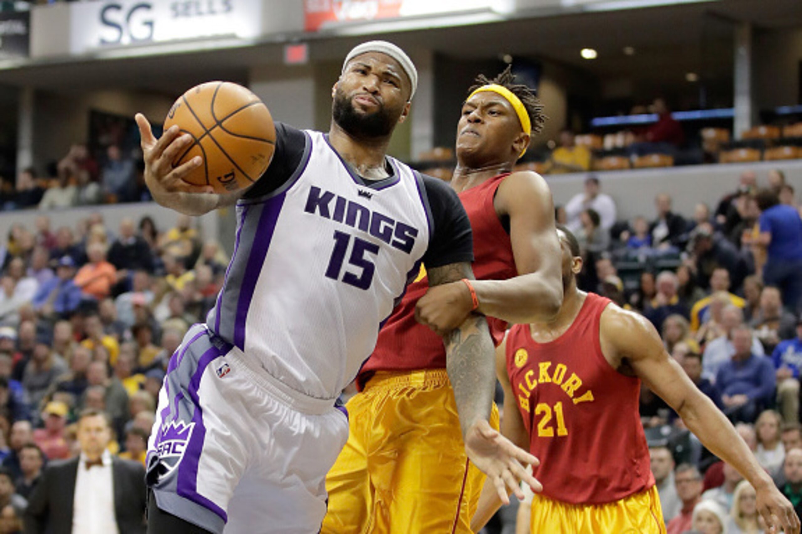 INDIANAPOLIS, IN - JANUARY 27: DeMarcus Cousins #15 of the Sacramento Kings is fouled by Myles Turner #33 of the Indiana Pacers at Bankers Life Fieldhouse on January 27, 2017 in Indianapolis, Indiana. NOTE TO USER: User expressly acknowledges and agrees INDIANAPOLIS, IN - JANUARY 27: DeMarcus Cousins #15 of the Sacramento Kings is fouled by Myles Turner #33 of the Indiana Pacers at Bankers Life Fieldhouse on January 27, 2017 in Indianapolis, Indiana. NOTE TO USER: User expressly acknowledges and agrees