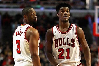 CHICAGO, IL - JANUARY 25: Dwyane Wade #3 and Jimmy Butler #21 of the Chicago Bulls look for a referees call during a game against the Atlanta Hawks at the United Center on January 25, 2017 in Chicago, Illinois. The Hawks defeated the Bulls 119-114. NOTE T