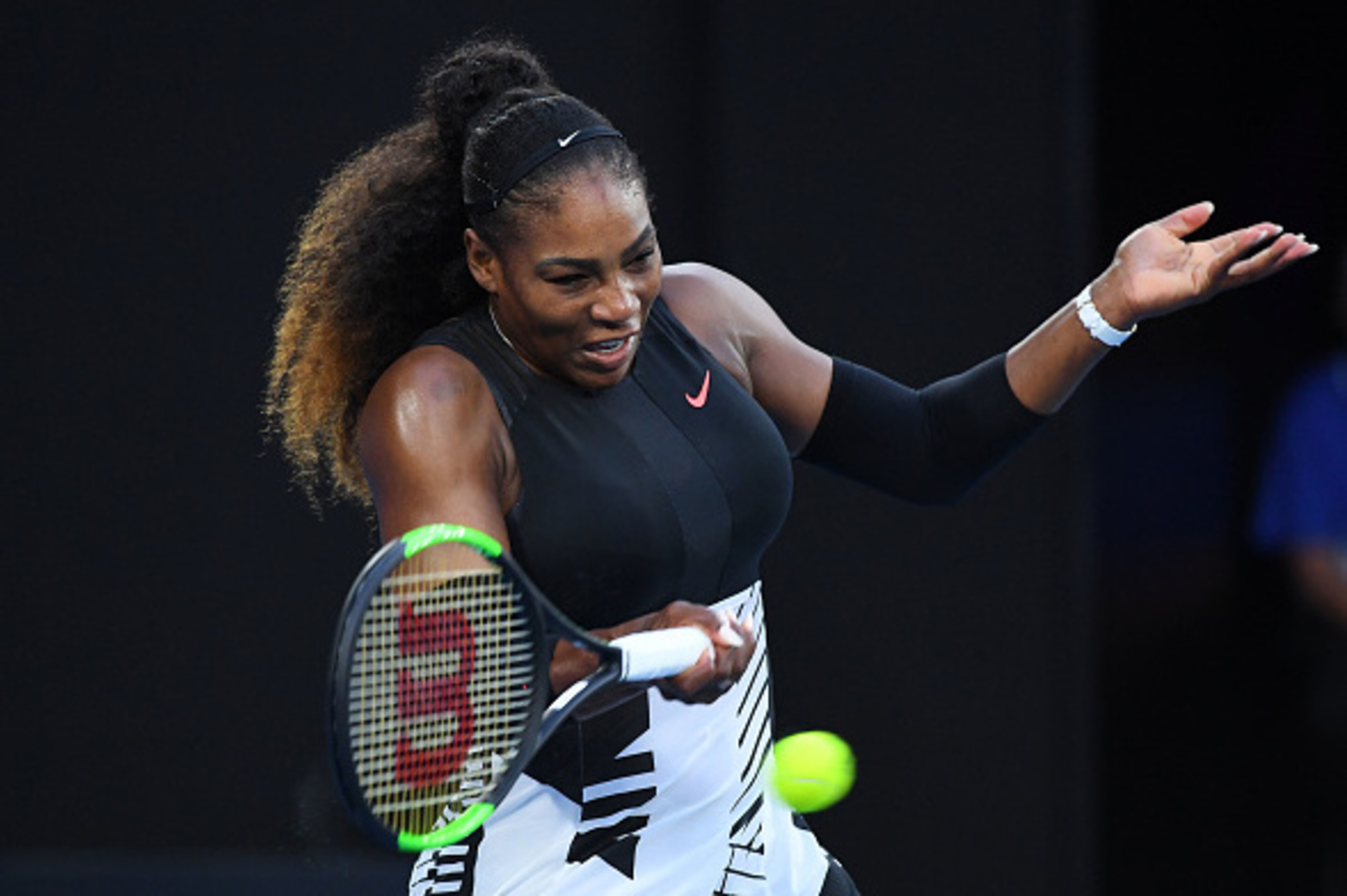 MELBOURNE, AUSTRALIA - JANUARY 28:  Serena Williams of the United States plays a forehand a point in her Women's Singles Final match against Venus Williams of the United States on day 13 of the 2017 Australian Open at Melbourne Park on January 28, 2017 in