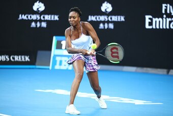 MELBOURNE, AUSTRALIA - JANUARY 28:  Venus Williams of the United States plays a backhand in her Women's Singles Final match against Serena Williams of the United States on day 13 of the 2017 Australian Open at Melbourne Park on January 28, 2017 in Melbour