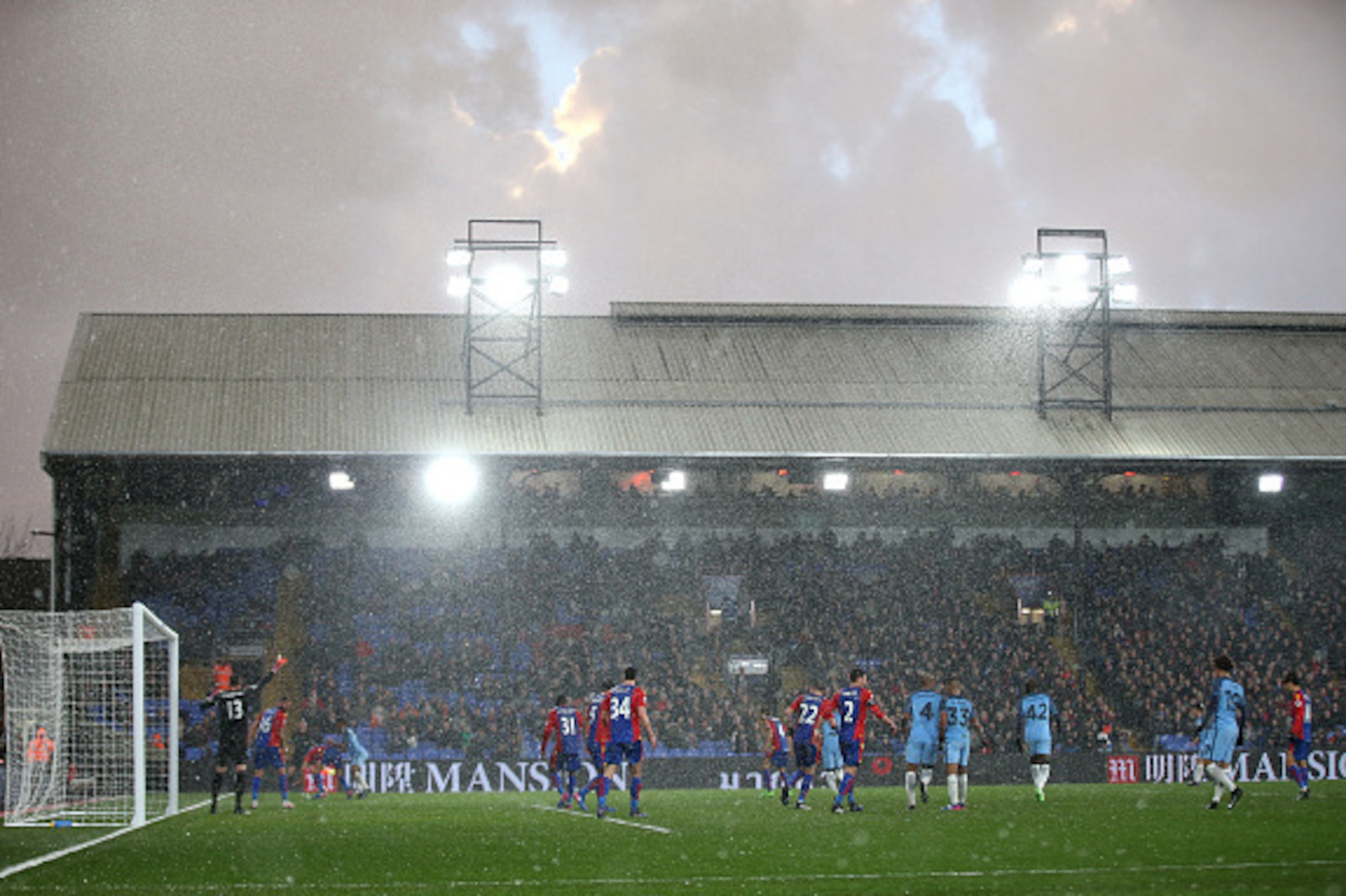 LONDON, ENGLAND - JANUARY 28:  A general view as hail falls during the Emirates FA Cup Fourth Round match between Crystal Palace and Manchester City at Selhurst Park on January 28, 2017 in London, England.  (Photo by Steve Bardens/Getty Images)