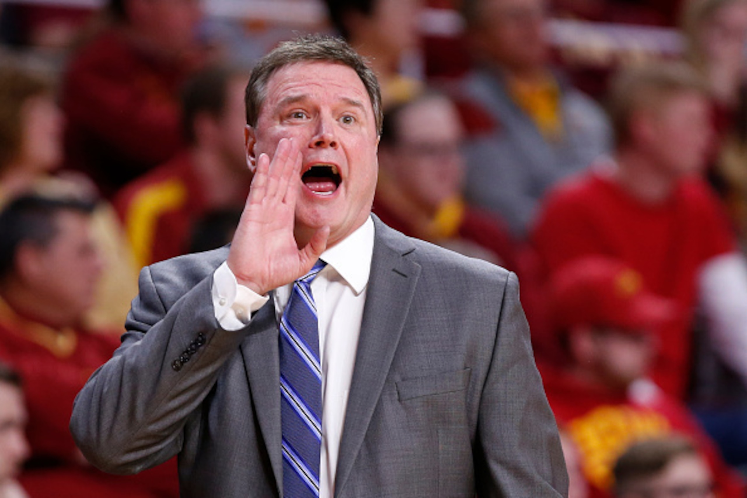 AMES, IA - JANUARY 16: Head coach Bill Self of the Kansas Jayhawks coaches from the bench in the first half of play against the Iowa State Cyclones at Hilton Coliseum on January 16, 2017 in Ames, Iowa. (Photo by David Purdy/Getty Images) AMES, IA - JANUARY 16: Head coach Bill Self of the Kansas Jayhawks coaches from the bench in the first half of play against the Iowa State Cyclones at Hilton Coliseum on January 16, 2017 in Ames, Iowa. (Photo by David Purdy/Getty Images)