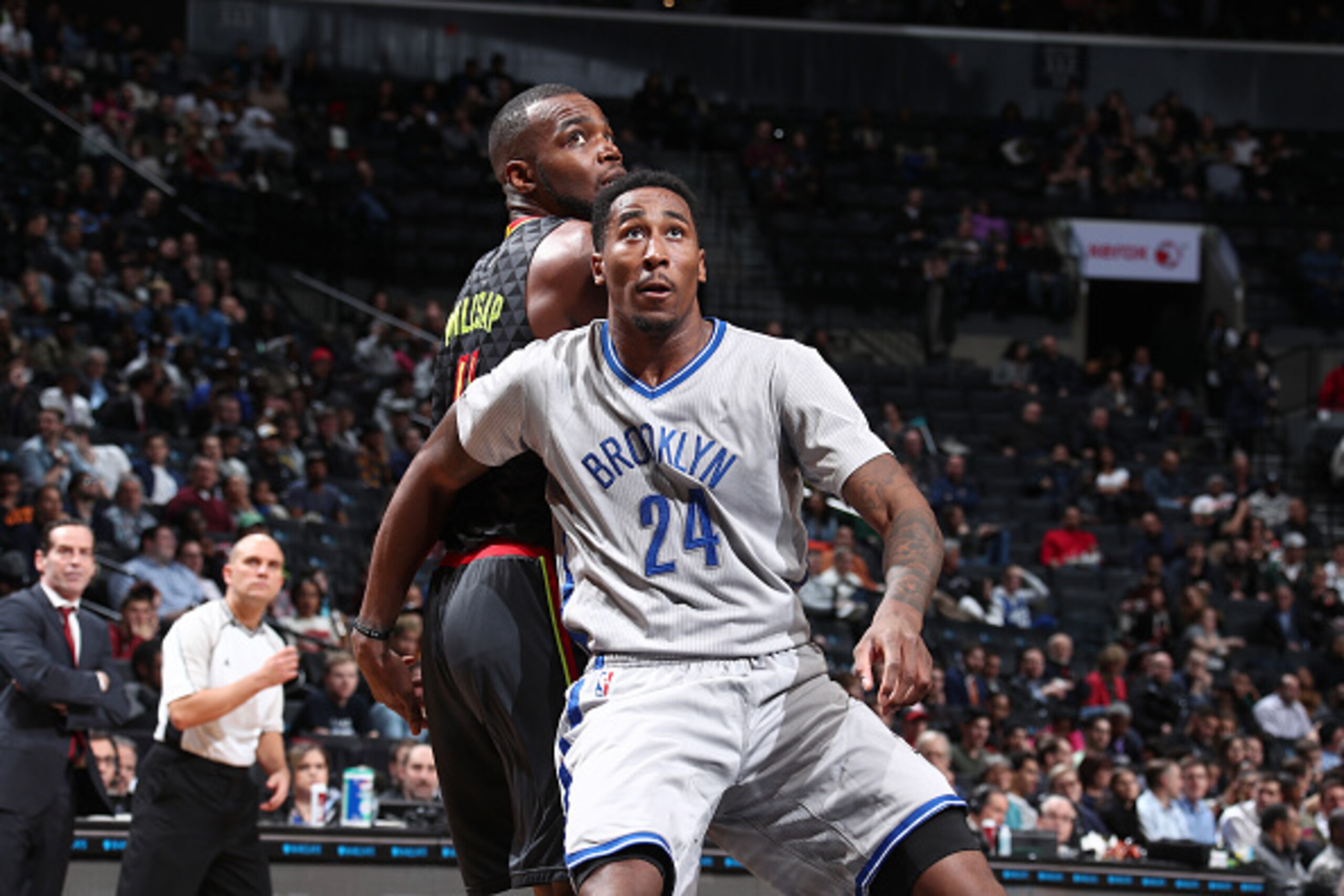 BROOKLYN, NY - JANUARY 10: Rondae Hollis-Jefferson #24 of the Brooklyn Nets boxes out against the Atlanta Hawks on January 10, 2017 at Barclays Center in Brooklyn, New York. NOTE TO USER: User expressly acknowledges and agrees that, by downloading and or 