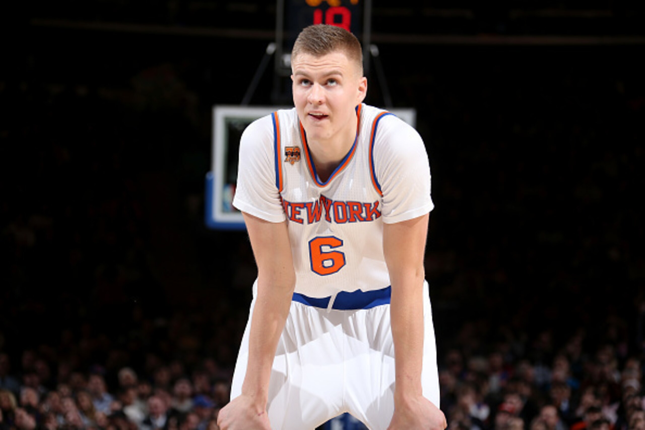 NEW YORK, NY - DECEMBER 20:  Kristaps Porzingis #6 of the New York Knicks looks on during a game against the Indiana Pacers on December 20, 2016 at Madison Square Garden in New York City, New York. NOTE TO USER: User expressly acknowledges and agrees that