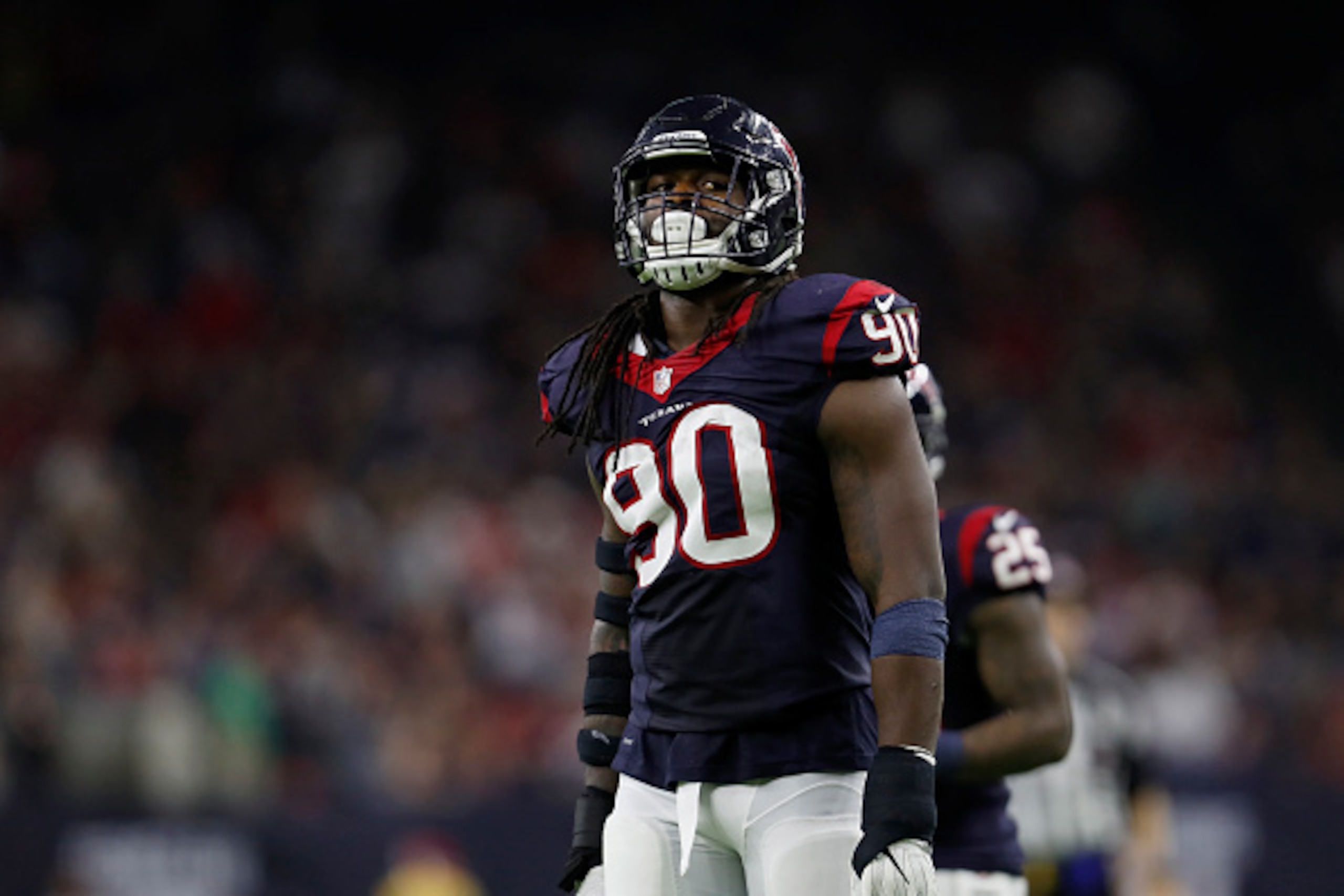 HOUSTON, TX - DECEMBER 24: Jadeveon Clowney #90 of the Houston Texans stands at the line of scrimmage in the fourth quarter against the Cincinnati Bengals at NRG Stadium on December 24, 2016 in Houston, Texas. (Photo by Tim Warner/Getty Images)