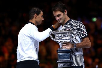 MELBOURNE, AUSTRALIA - JANUARY 29:  Rafael Nadal of Spain aknowledges Roger Federer of Switzerland after Federer won their Men's Final match on day 14 of the 2017 Australian Open at Melbourne Park on January 29, 2017 in Melbourne, Australia.  (Photo by Ca