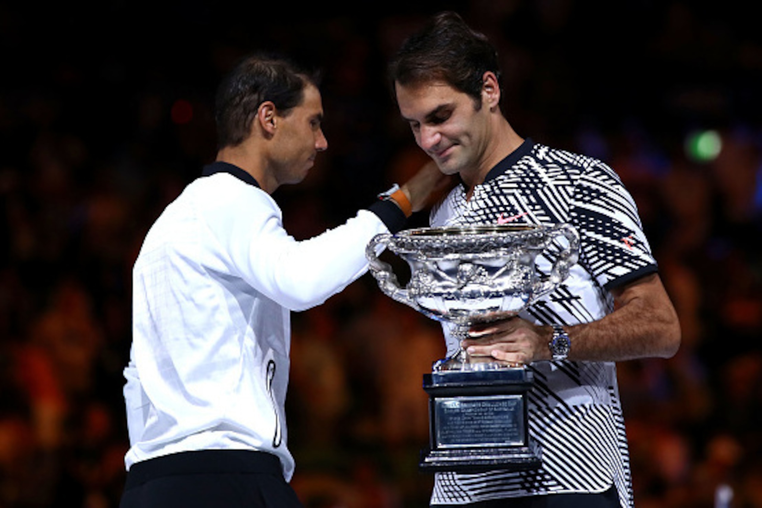 MELBOURNE, AUSTRALIA - JANUARY 29:  Rafael Nadal of Spain aknowledges Roger Federer of Switzerland after Federer won their Men's Final match on day 14 of the 2017 Australian Open at Melbourne Park on January 29, 2017 in Melbourne, Australia.  (Photo by Ca
