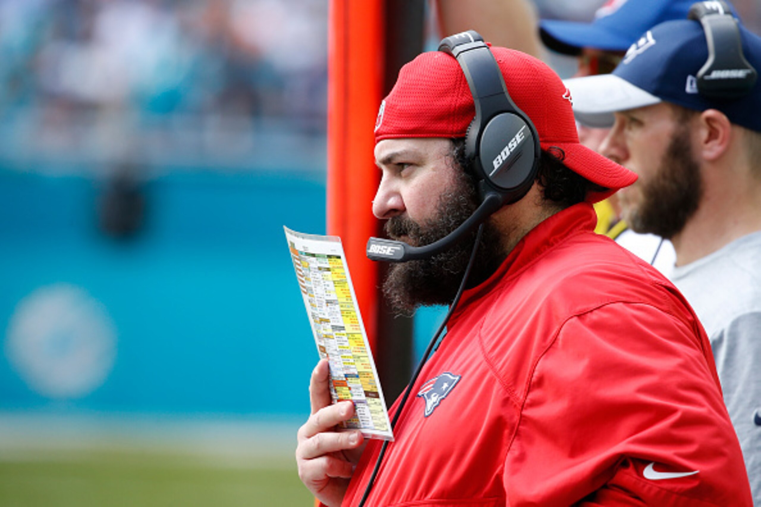 MIAMI GARDENS, FL - JANUARY 1: Defensive coordinator Matt Patricia of the New England Patriots looks on during second quarter action against the Miami Dolphins on January 1, 2017 at Hard Rock Stadium in Miami Gardens, Florida. The Patriots defeated the Do
