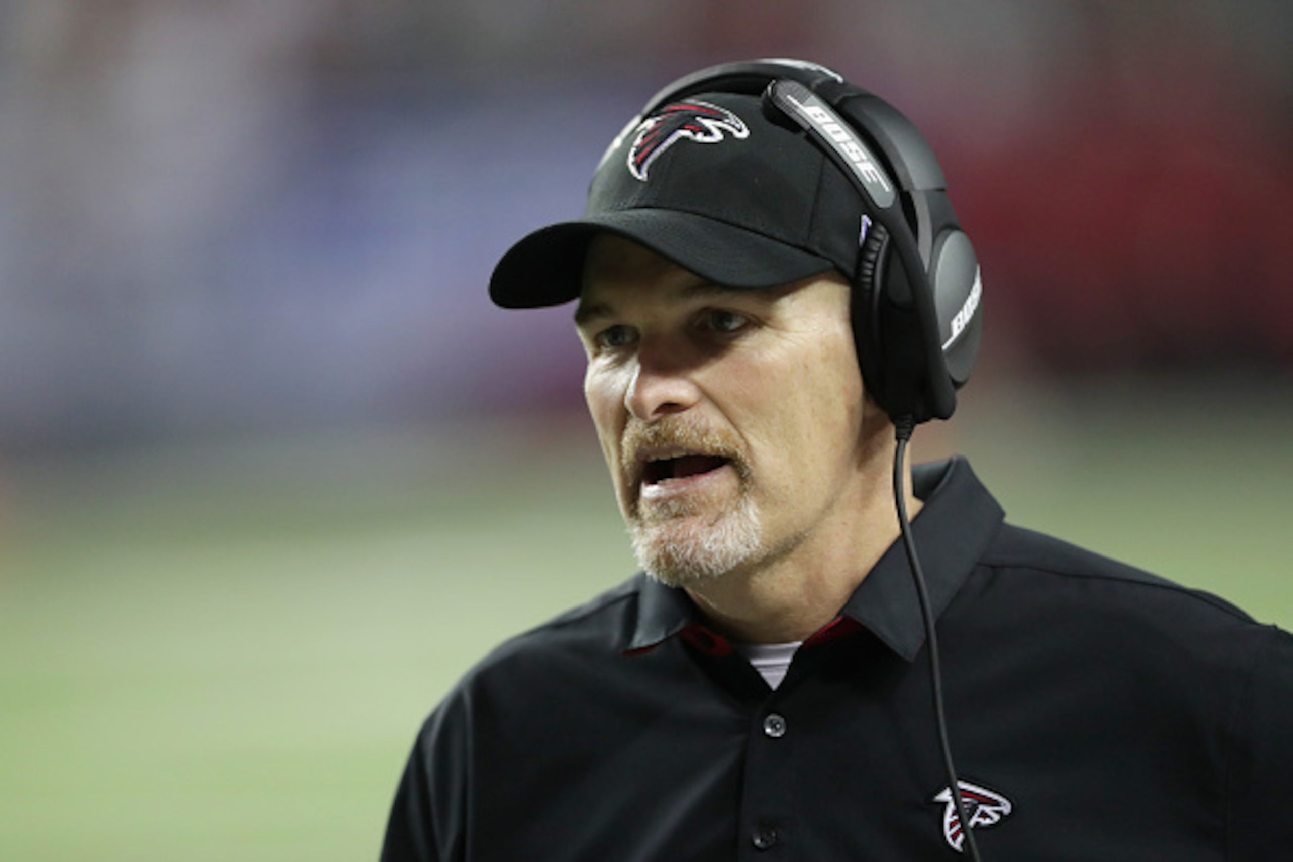 ATLANTA, GA - JANUARY 14:  Atlanta Falcons head coach Dan Quinn looks on against the Seattle Seahawks at the Georgia Dome on January 14, 2017 in Atlanta, Georgia.  (Photo by Streeter Lecka/Getty Images)